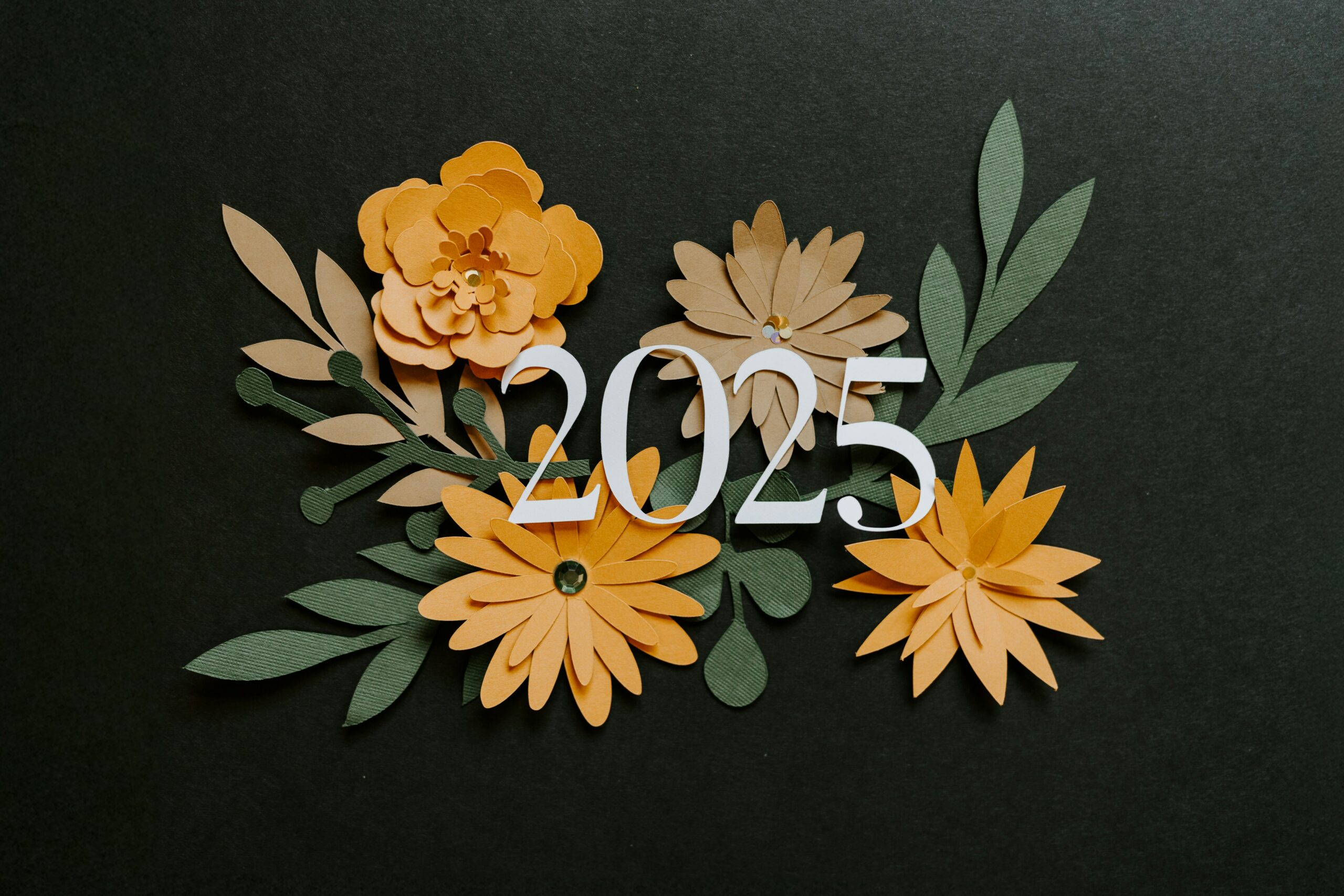 Un visuel élégant et minimaliste représentant l'année 2025. Le chiffre blanc "2025" est entouré de fleurs stylisées en papier dans des tons orangés et bruns, avec des feuilles vertes en arrière-plan, sur un fond noir. Une composition simple et harmonieuse, évoquant le renouveau et les résolutions pour la nouvelle année.