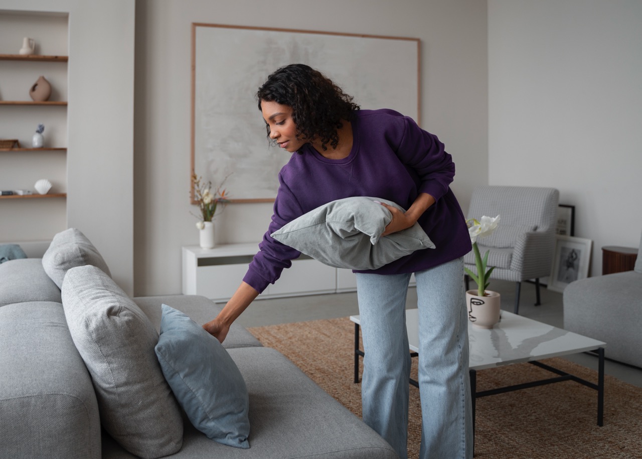 Une femme ajuste des coussins dans un salon lumineux et épuré, illustrant une étape clé de la valorisation immobilière avant la vente d’une propriété.