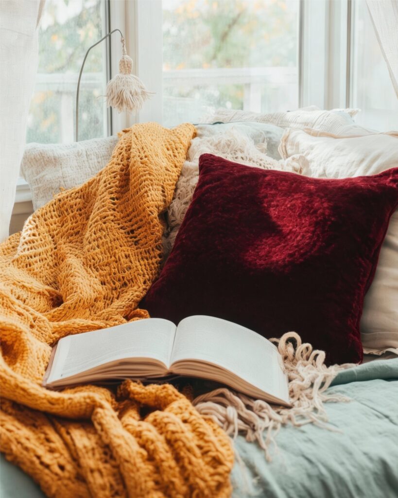 Coin lecture chaleureux et organisé près d’une fenêtre, illustrant comment désencombrer permet de créer des espaces personnels propices au calme et à la paix d’esprit.