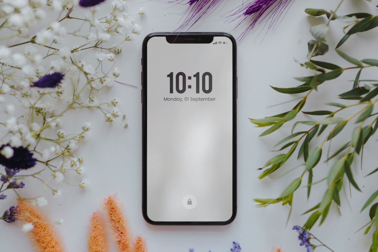 Téléphone cellulaire posé sur une surface blanche entourée de fleurs séchées colorées, image utilisée pour illustrer le désencombrement numérique et le ménage digital du printemps